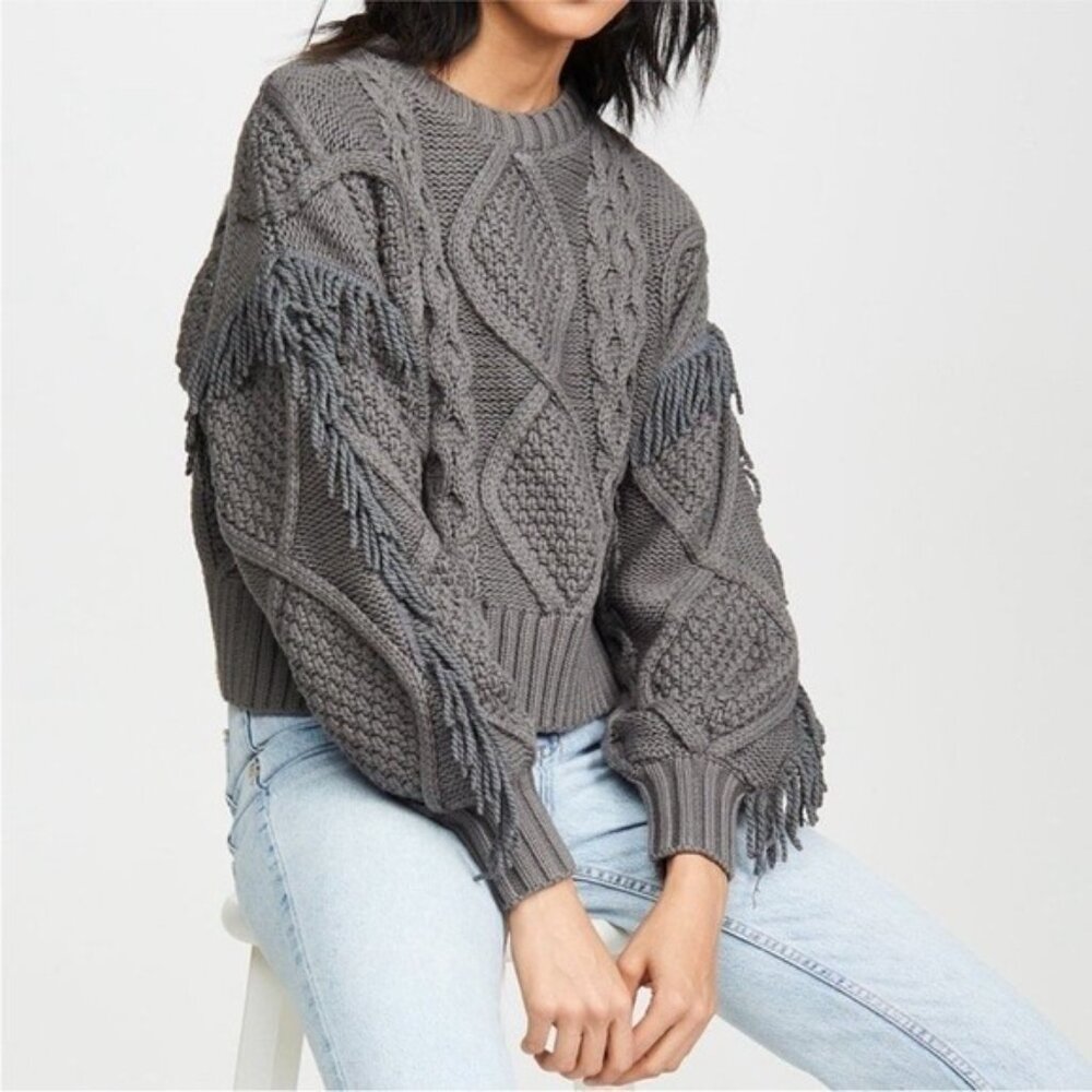 New Line & Dot - XS Sweater Gray Chunky Cropped Cable‎ Knit Jasper Fringe Women